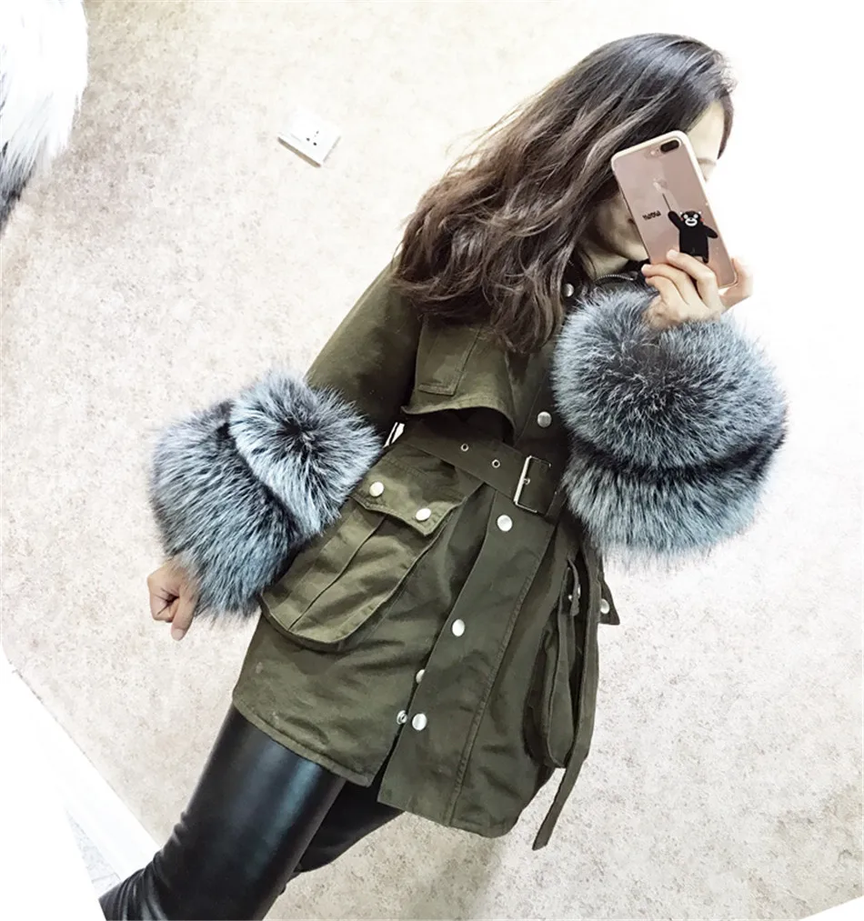 MLHXFUR красный меха лисы манжеты на рукавах с натуральным мехом пальто Silver fox