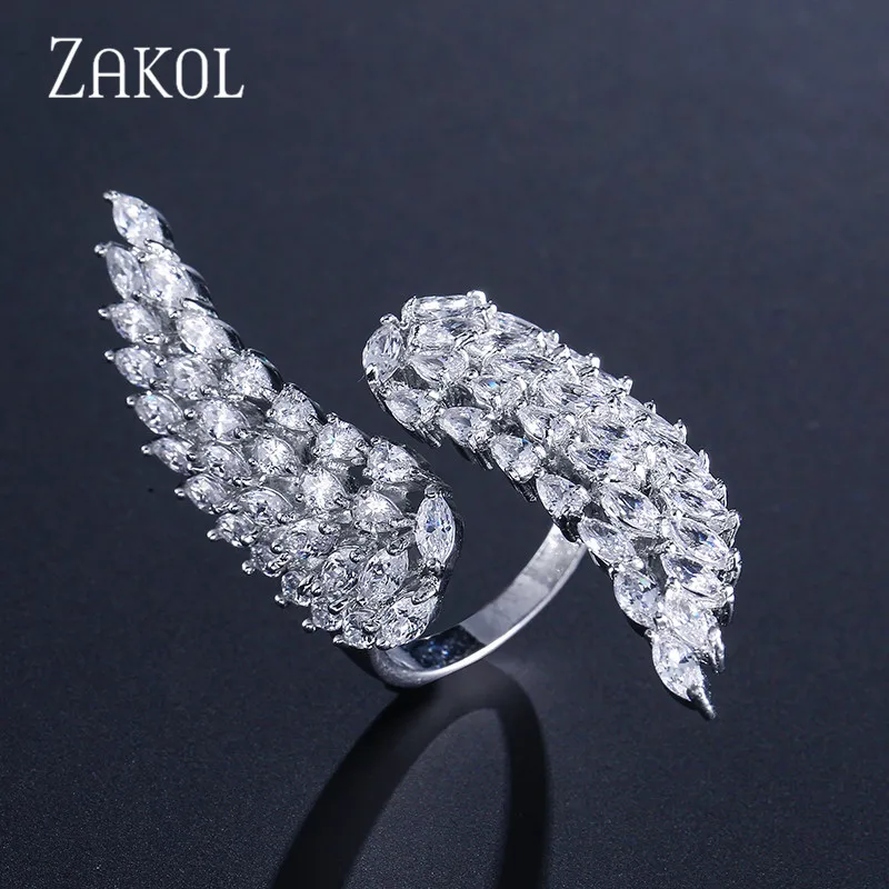 

ZAKOL Fashion White Gold Color Cubic Zirconia Angel Wing Open Rings for Women Party Gift Adjustable Jewelry FSRP190