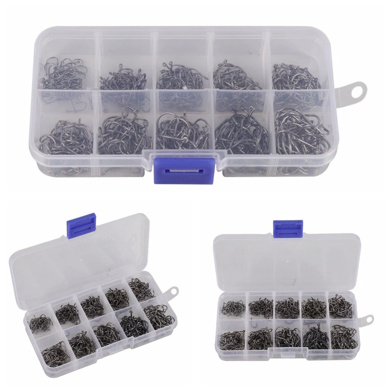 10 Different Sizes Fishing Hooks Circle Fishhook With box Bait holder Tool Accessories 500pcs Useful