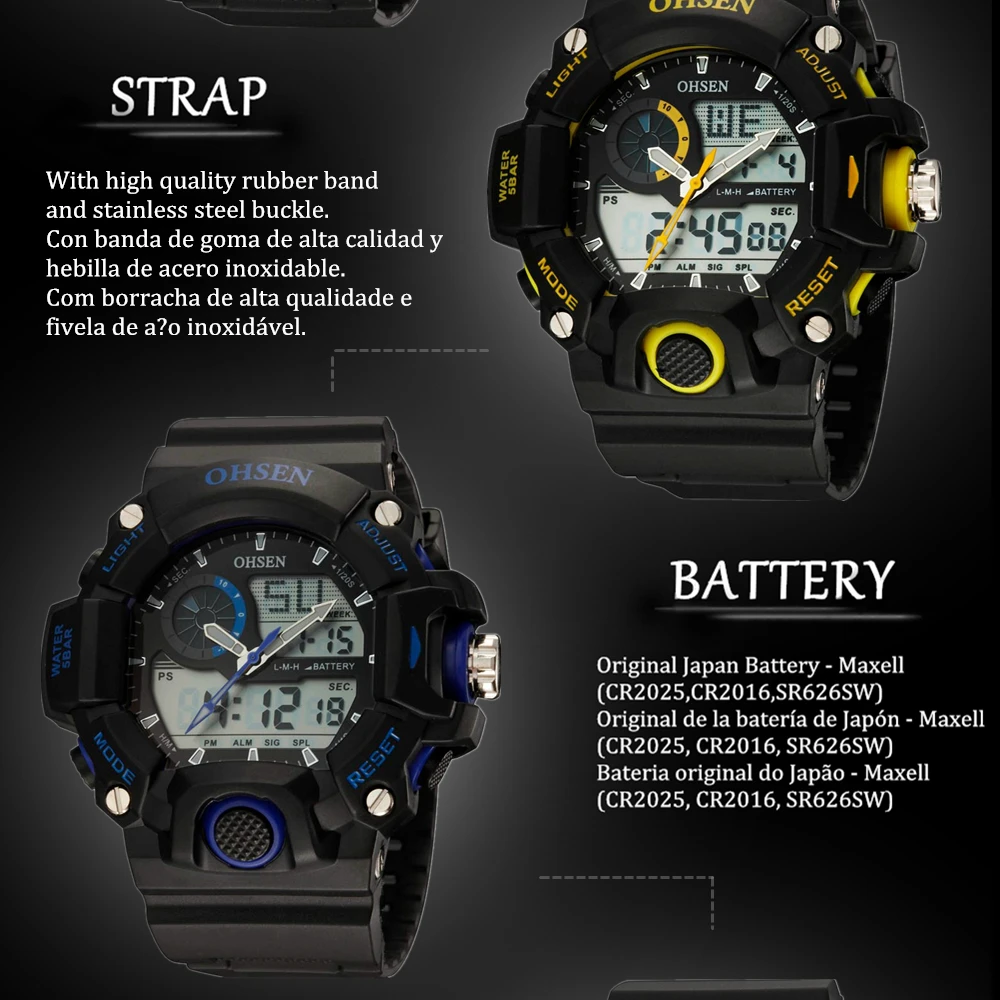 Relogio Masculino OHSEN мужские спортивные часы аналогово-цифровые часы мужские водонепроницаемые Двухъядерные светодиодный кварцевые наручные часы