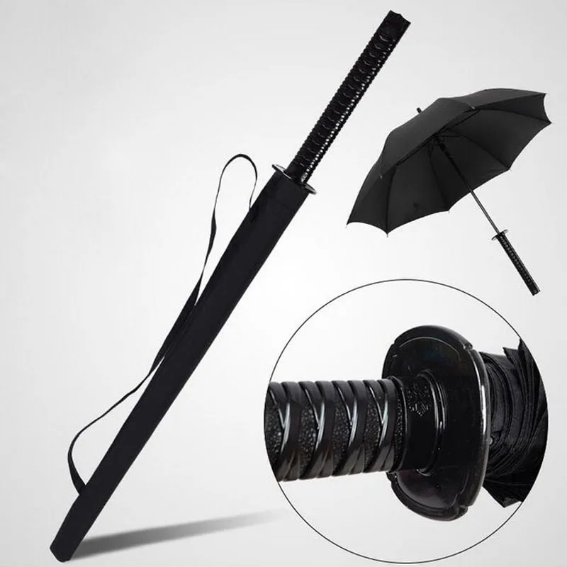 Creative 16K Black Pongee Rain Umbrella Katana Design Long Handle