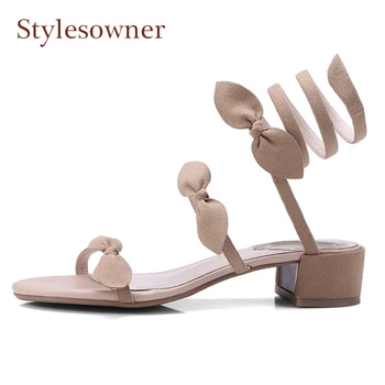 

Stylesowner Summer New Sweet Butterfly Knot Women Sandals Suede Leather Ankle Strap Twining Strappy Square Low Heel Beach Shoes