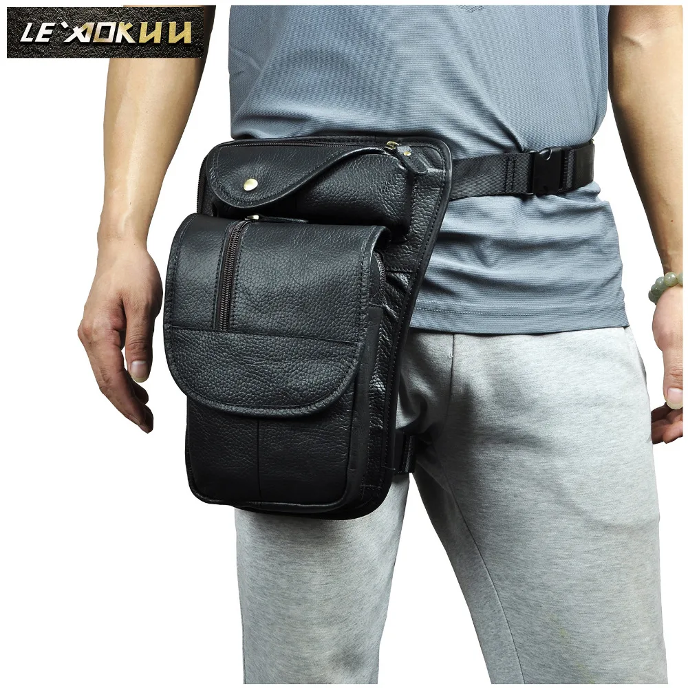 

Leather Design Men Multi Function Messenger Bag 8" Tablet Black Fashion Organizer Travel Fanny Waist Belt Leg Bag Male 3112b