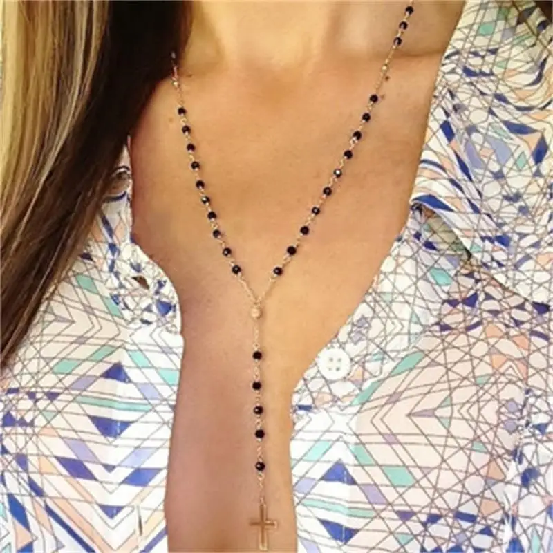 

Yesucan New Y-shaped Hand-beaded Crystal Cross Tassel Long Necklace Fashion Bohemian Tribal Jewelry Crow Pendant Necklace