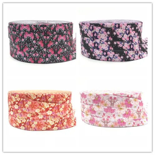 

10 Yards Flowers Print Fold Over Elastic 5/8" 4 Colors FOE Ribbon Webbing for DIY Headwear Hair Tie Hair Accessory