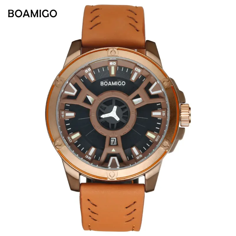 

BOAMIGO brand men fashion watches leather quartz watches 3D Hollow wristwatches 30m waterproof gift clock Relogios Masculino