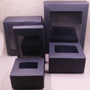 

2019 New DIY Black Window Box Vintage Kraft paper gift box package with clear pvc window candy favors arts&krafts display box