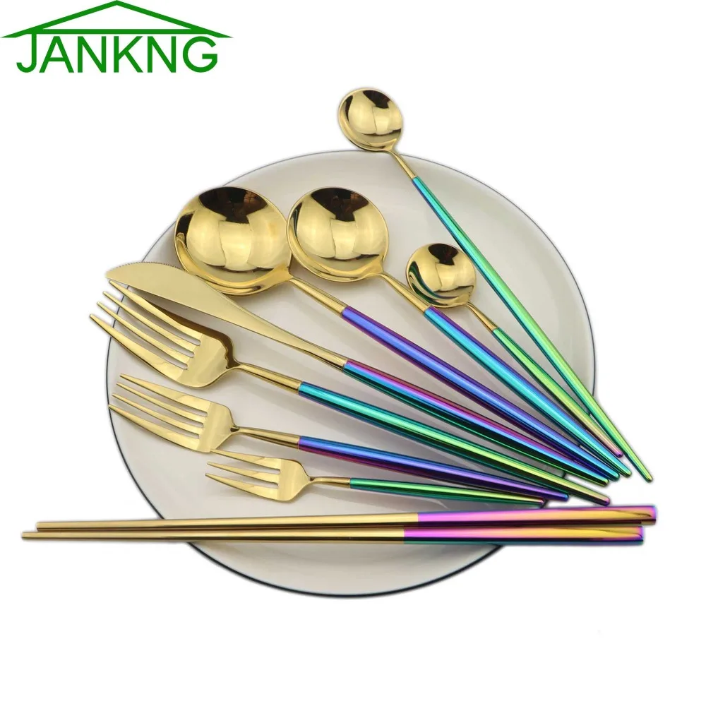 JANKNG 1 Piec столовая посуда Роскошные блестящие красочные золотые 18/10 нержавеющая