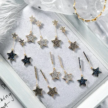 

12pairs/lot Fashion Temperament Flash bling Pentagon Earrings Star Long Net Red Retro Personal Earrings