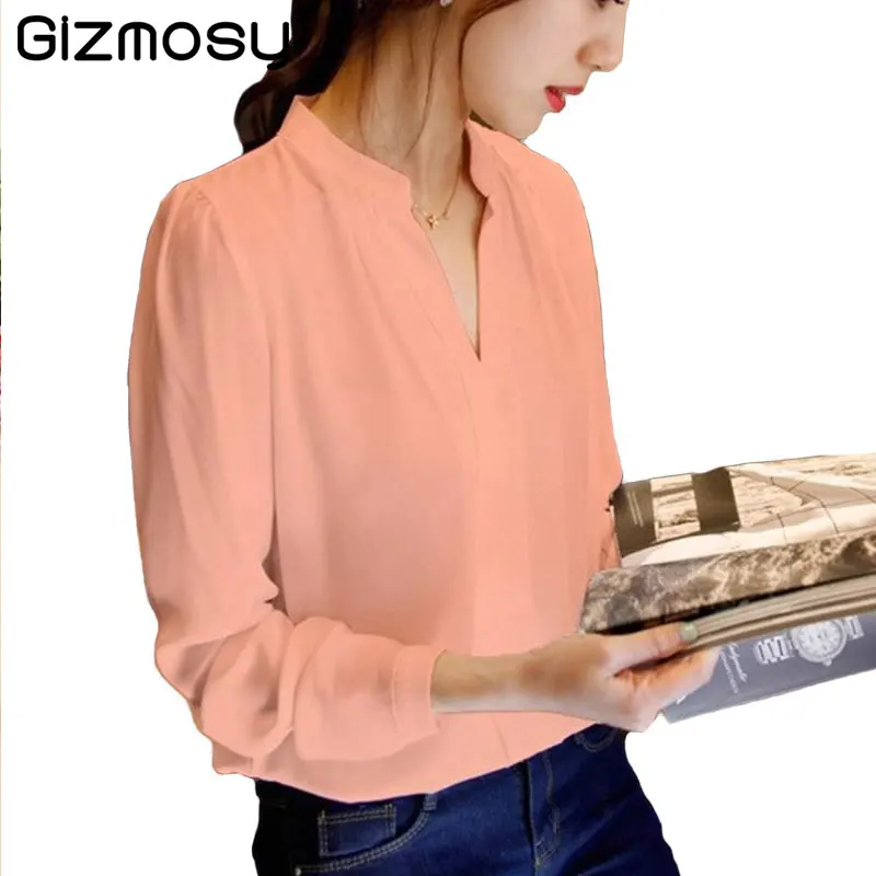 

1PC Autumn Women Tops Long Sleeve Casual Chiffon Blouse Female V-Neck Work Wear Solid Spring Office Shirts For Women SY2084