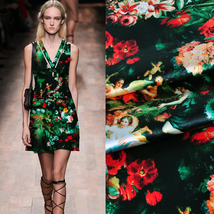 Модная шелковая ткань цельное платье рубашка cheongsam эластичная атласная зеленые