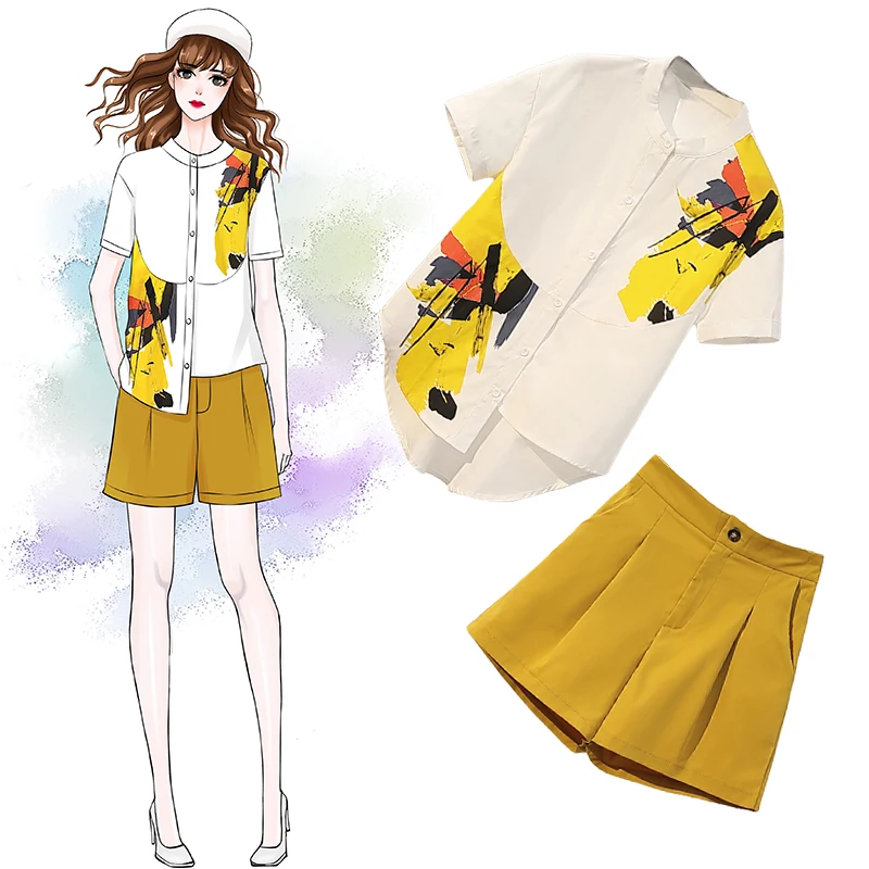 

HAMALIEL Women Shorts Suit Plus Size Summer Printed Irregula Short Sleeve Shirt Blouse + Yellow Wide-Leg 2 PCS Pant Suit XL-5XL