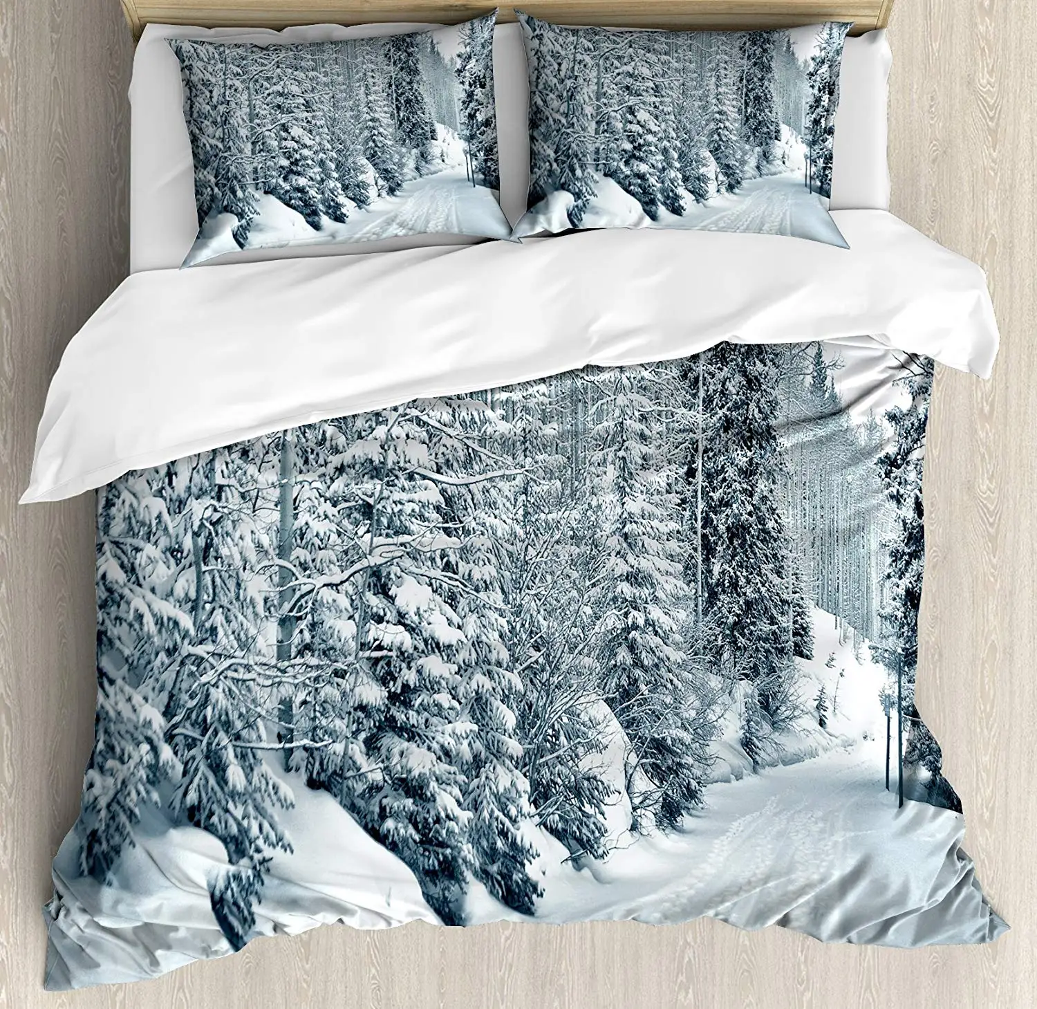 

Winter Duvet Cover Set Queen Size Ski Themed Snowy Road Cold Parts of The World Footprints Colorado United States Bedding Set