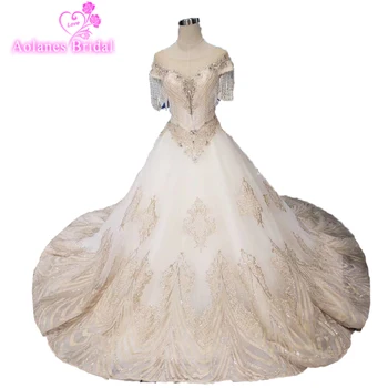 

2019 New Gold Floral Long Wedding Dress V Neck Sleeveless Appliqued Tulle Bridal Dress Key Hole Open Back Elegant Bridal Gowns