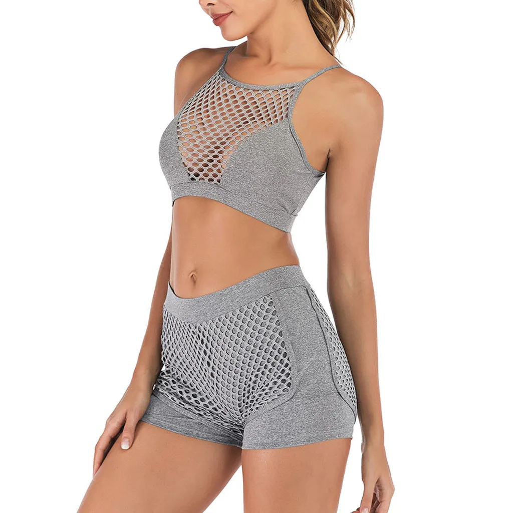 

Sexy Yoga Set Fashion Womens Perspective Yoga Vest Shorts Sport Fitness Set Elastic Tops Pants Gym Clothing ropa deportiva mujer