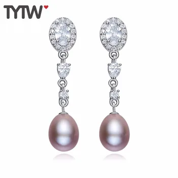 

TYTW Free Shipping S925 Pink Shell Pearl Fashion Earrings Women Jewelry Customize Long Earbob Freshwater Pearl Silver Earring