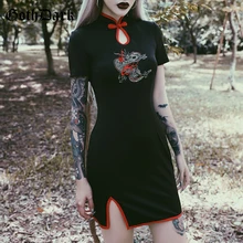 Гот темно панк гранж в готическом стиле, черные платья Для женщин Harajuku в стиле пэчворк вышивка сращивания Открытое платье осень на молнии с бантом