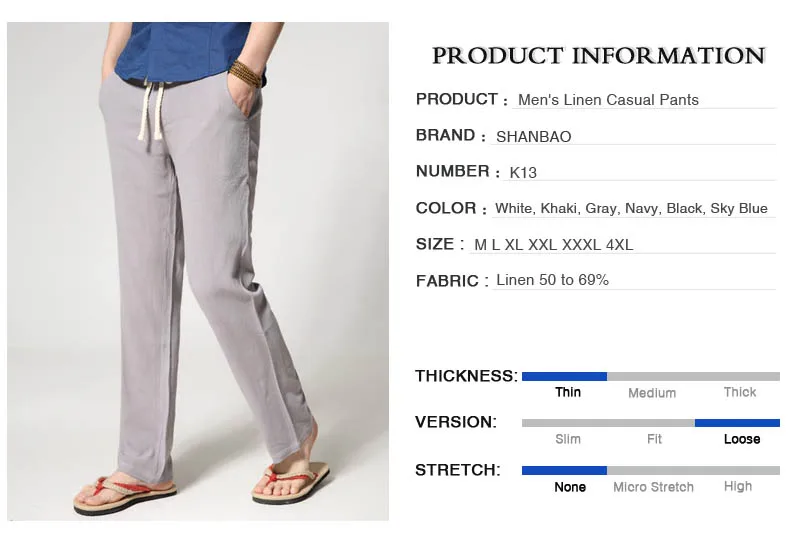 SHAN BAO бренд мужской тонкий срез свободные прямые мужские льняные повседневные штаны летние большие размеры, закрывающие животик, одноцветные штаны, 6 видов цветов
