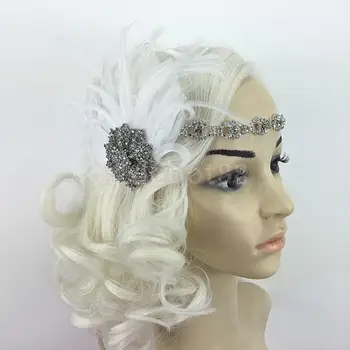 

White Feather Silver Flapper Headband 1920s 30s Fancy Dress Bridal Hairband