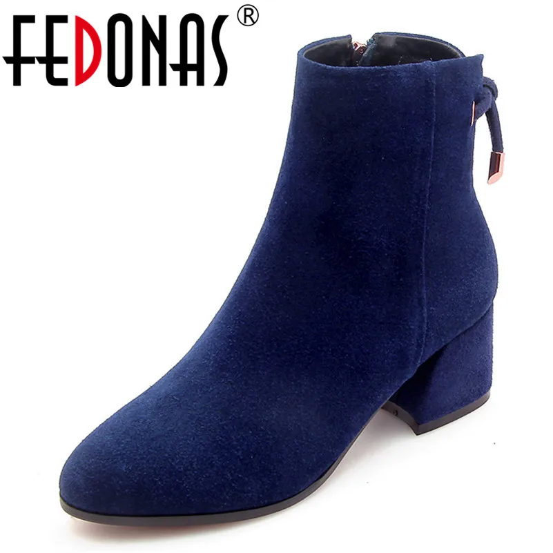 

FEDONAS New Ankle Boots Women High Heels Zipper Martin Shoes Woman Cow Suede Round Toe Autumn Winter Warm Short Basic Boots