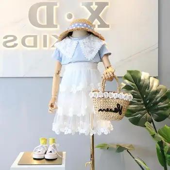 

New 2019 Baby Girls Summer Fashion Sets, Lace Collar Top + White Skirts 5 sets/lot, Wholesale Free Shipping