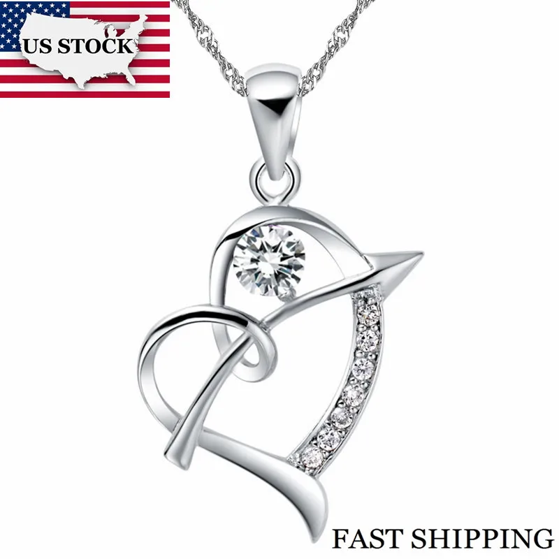 

US STOCK Heart Pendant Statement Necklace Women Vintage Silver Fashion Necklaces Pendants Crystal Collier Jewelry Uloveido N662