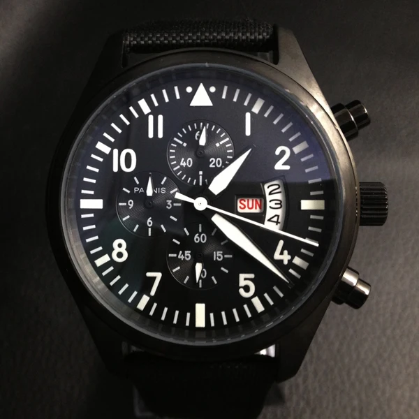 Parnis 42mm Pilot Chronograph Black Dial Stainless Steel Case Wrist Watch White Number