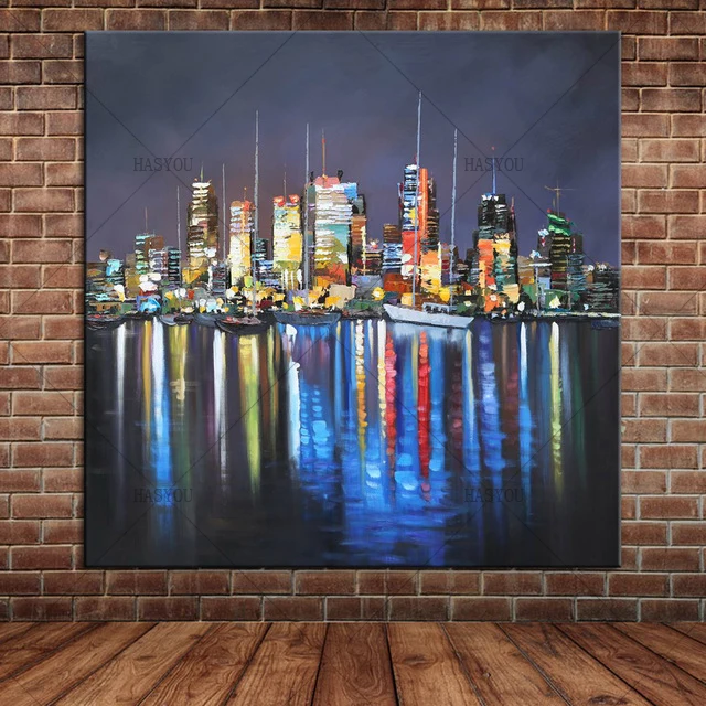 Unframed-Abstract-Landscape-New-York-City-Night-View-in-River-Oil-Painting-On-Canvas-Modern-Home.jpg_640x640