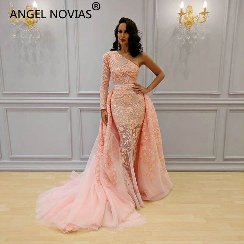 ANGEL NOVIAS длинное кружевное вечернее платье с одним плечом, арабское розовое фатиновое платье со съемной юбкой Vestido Sirena Largo