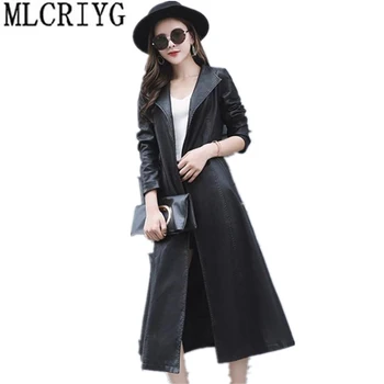 

MLCRIYG campera cuero mujer 2019 New Autumn Black Long Slim Faux Leather Jacket Female Windbreaker Tops chaquetas de mujer GJ262