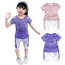 Детская одежда Летний Детский Повседневный костюм для маленьких девочек, футболка с короткими рукавами и надписью «Улыбка» + шорты