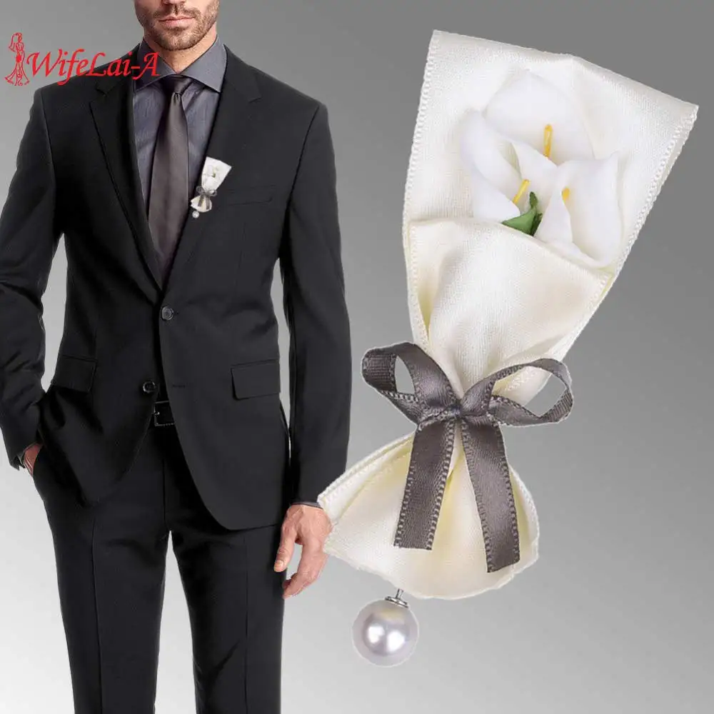 Calla lily Искусственные Свадебные корсажи и Бутоньерки для мужчин Свадебный белый
