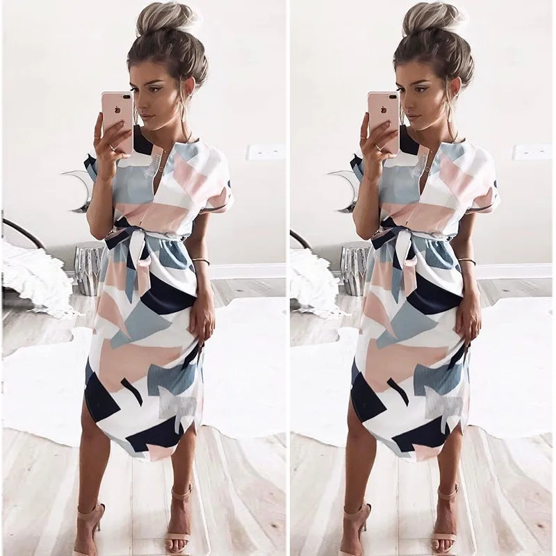

New Spring Summer Sexy V-Neck Print Floral Long Beach Dress Women Bohemian Asymmetrical Short Sleeves Mid-Calf Sashes Dresses