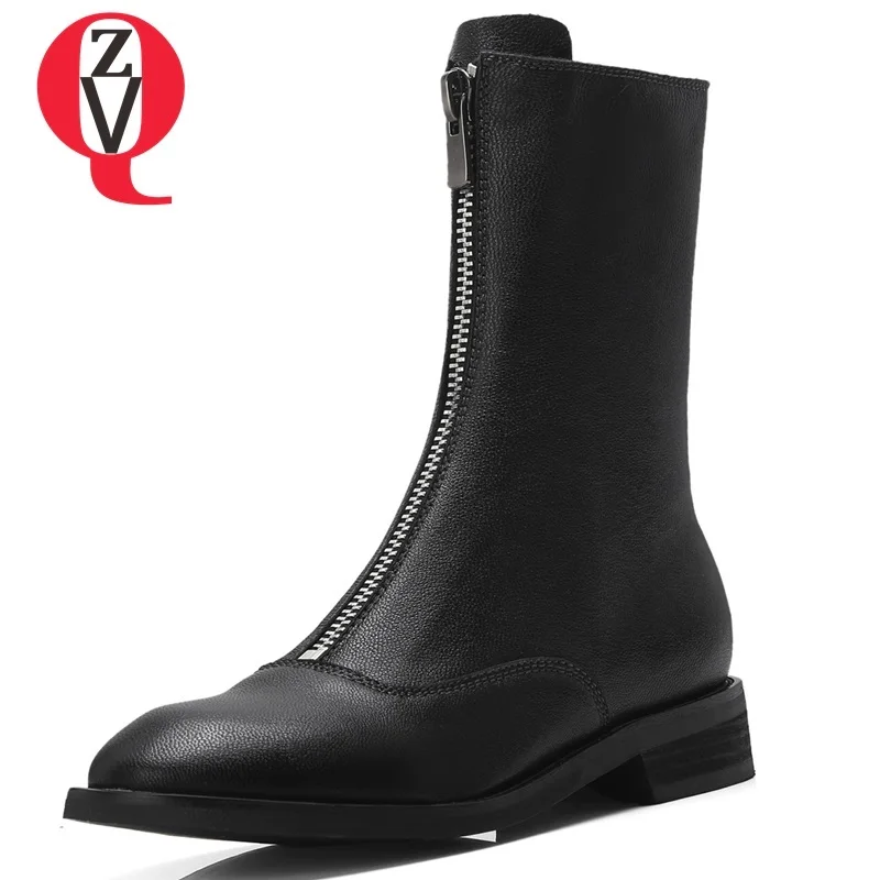 Kopen ZVQ schoenen vrouwen 2018 nieuwe mode populaire ritssluiting schapenvacht ronde neus mid kuit laarzen zwart en wit winter warm martin laarzen