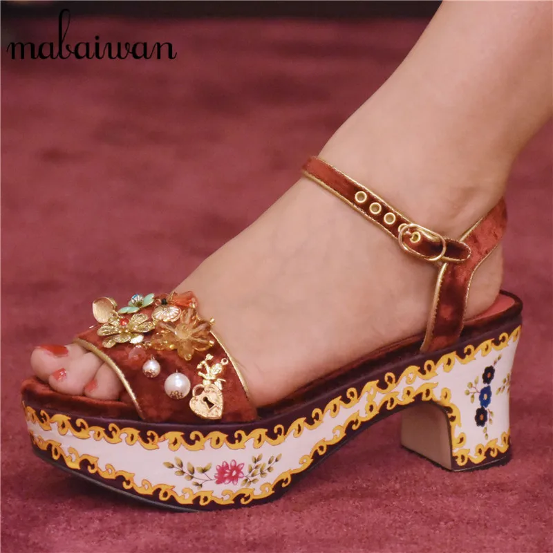 Handmade Vintage Women Sandals Beading Chunky Platform Wedges Print Thick Heel Ladies Gladiator Sandalias Mujer Valentine Shoe