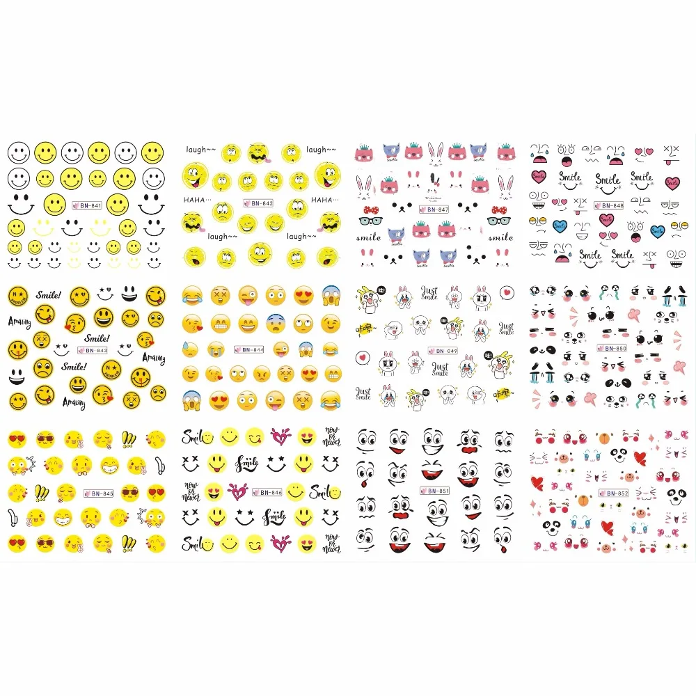 

UPRETTEGO 12 PACKS / LOT NAIL ART BEAUTY WATER DECAL SLIDER NAIL STICKER CARTOON SMILING FUNNY FACES EXPRESSION BN841-852