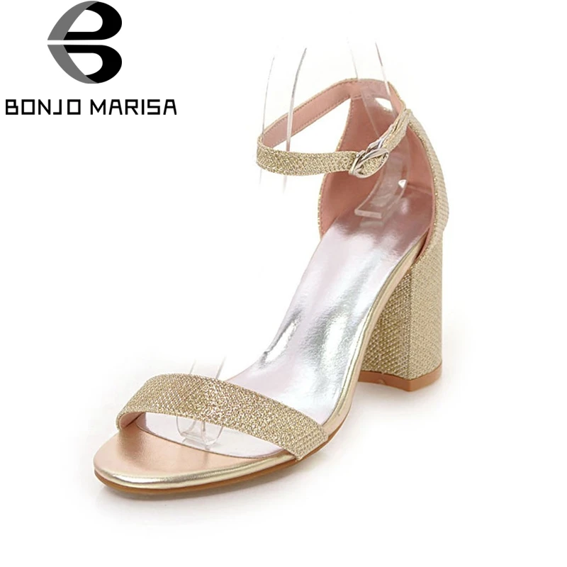 

BONJOMARISA 2019 Hot Sale Big Size 33-45 Square High Heels Summer Women Sandals Trendy ankle-strap Shoes Woman Sandal