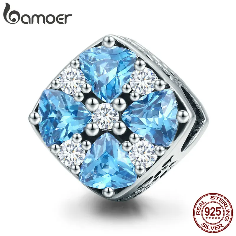 

BAMOER 100% 925 Sterling Silver Summer Collection Dazzling Blue Crystal CZ Square Beads fit Bracelet & Necklaces Jewelry SCC630