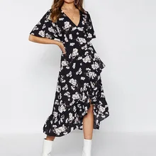 V-neck bohemian floral print women sexy dress Elegant sash A-line ruffled summer dress Short sleeve holiday dress V-neck bohemian floral print women sexy dress Elegant sash A-line ruffled summer dress Short sleeve holiday dress