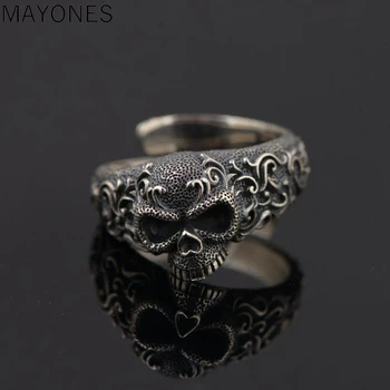 

MAYONES Punk Skull Rings For Men And Women 925 Sterling Silver Jewelry Resizable Vintage Flower Engraved Skeleton Finger Band