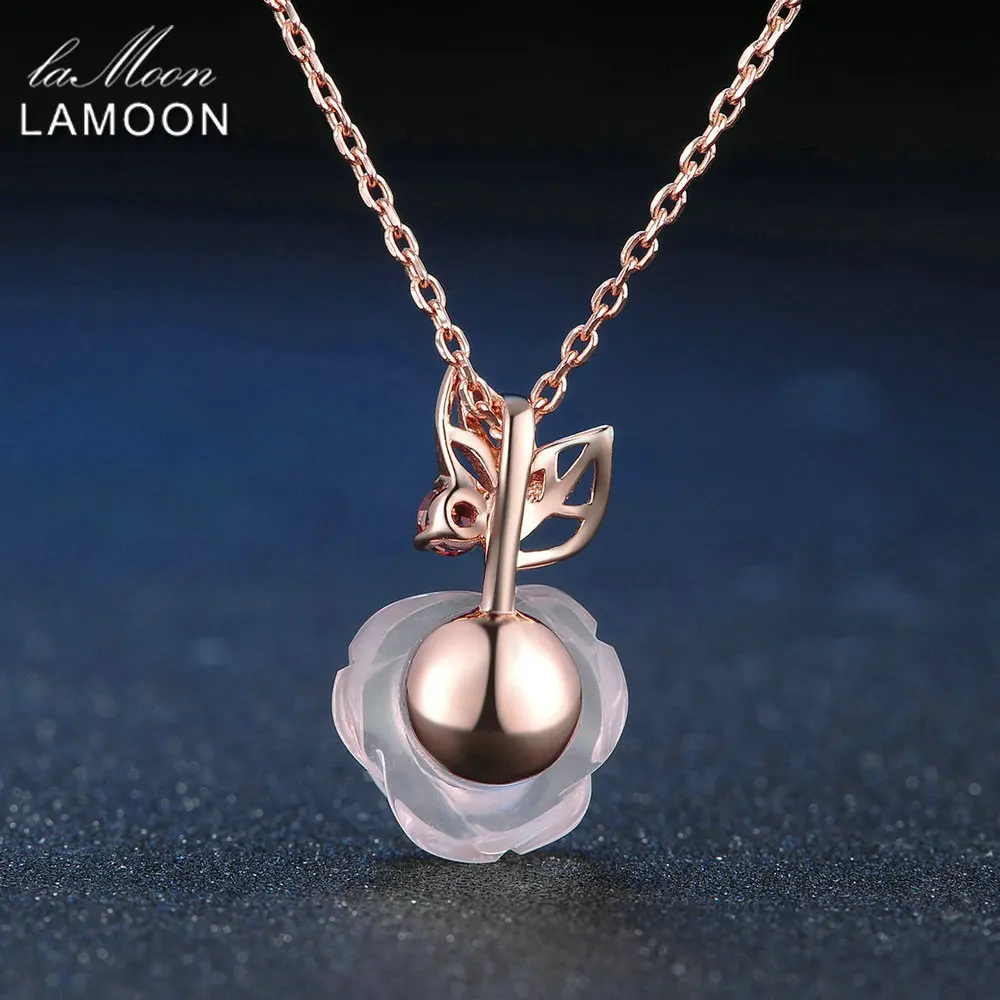 LAMOON Rose Flower 925 Sterling Silver Necklace Rose Quartz Gemstone Necklaces 18K Rose Gold Plated Fine Jewelry LMNI025