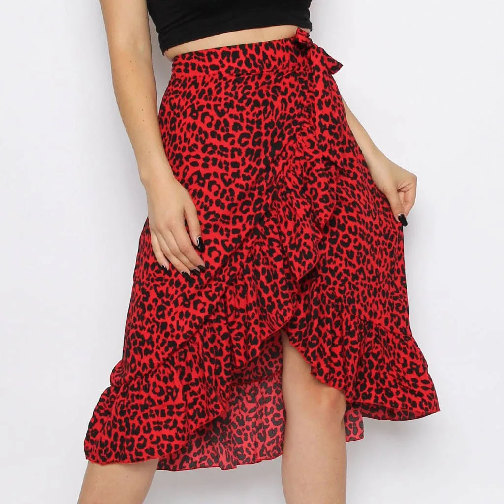 

Sexy skirt High waist skirt ladies Women Summer Skirts Fashion Tie Bow Ruffle Hem Leopard Frill Wrap Midi Skirt T423