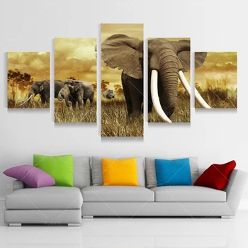 

5 Panel Modern Printed African Elephant Picture Oil Painting Canvas Wall Art Cuadros Decoracion For Living Room Unframed