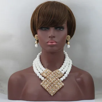 

Trendy Fabulous 3 Layers White Coral African Beaded Jewelry Set 16MM Beads Set for Women Fashion Gold Pendant Necklace SetABL749