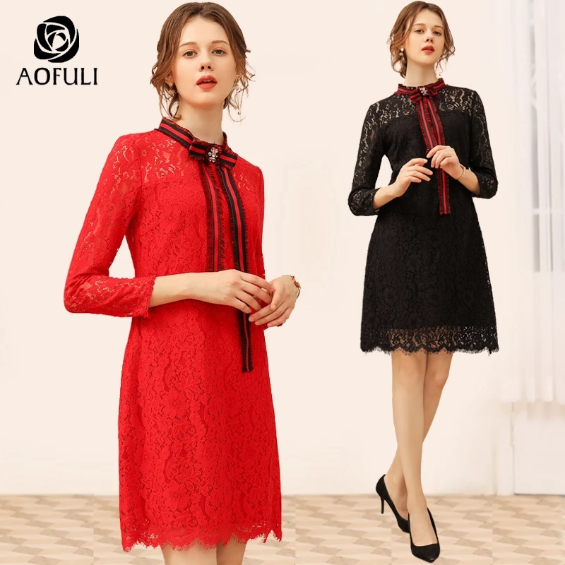 L/XL/5XL женское кружевное платье с галстуком бабочкой осеннее до колена длинным