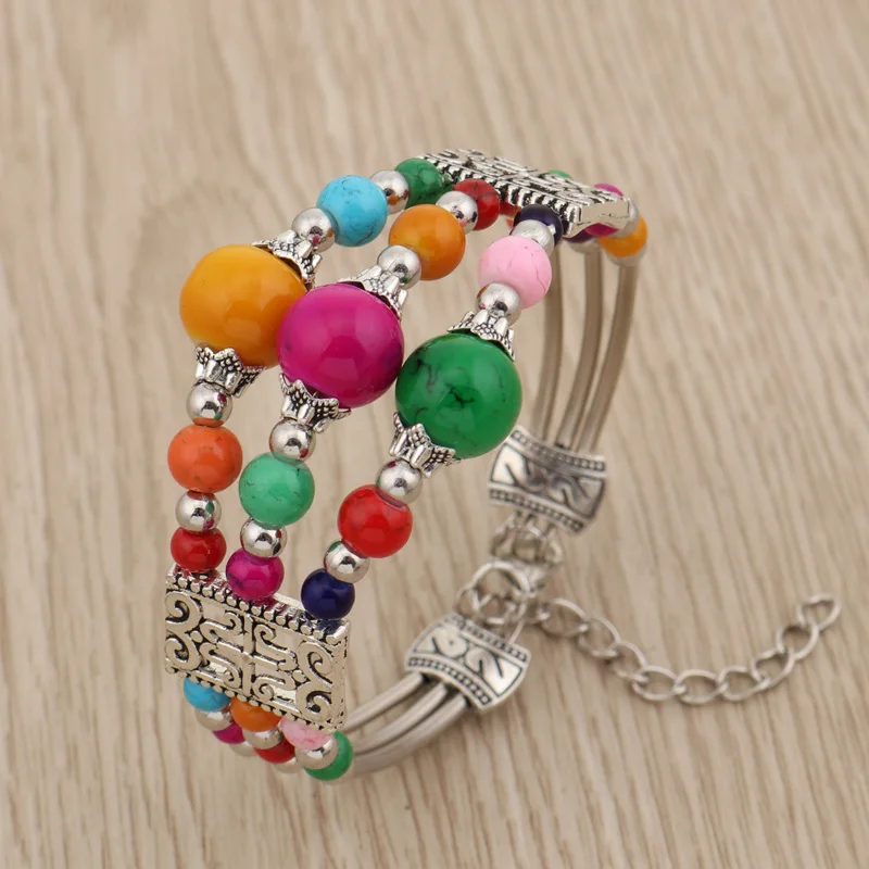 Seblasy винтажные Макси Многослойные Геометрические узоры браслеты с бусинами из натурального камня и браслеты для женщин Бохо тибетского серебристого цвета - Окраска металла: Colorful