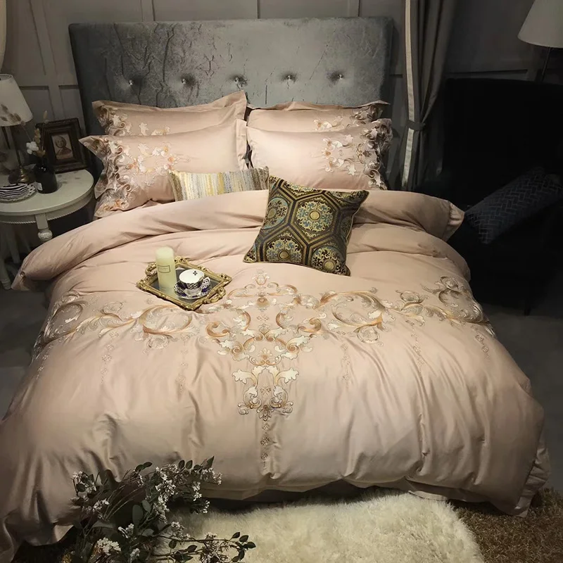 Pink 100S Egyptian Cotton Luxury Royal Embroidery Bedding Set 4/6pcs King Queen Wedding Bed Sheet Cover set Duvet golden | Дом и сад