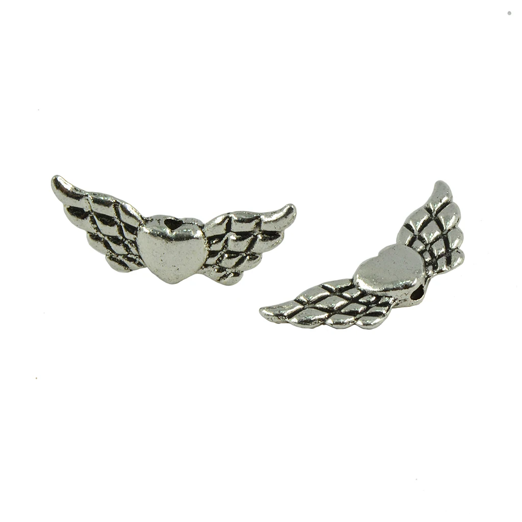 100 Pieces Antique Angel Wing Heart Charm Spacer Beads Jewelry DIY Makings