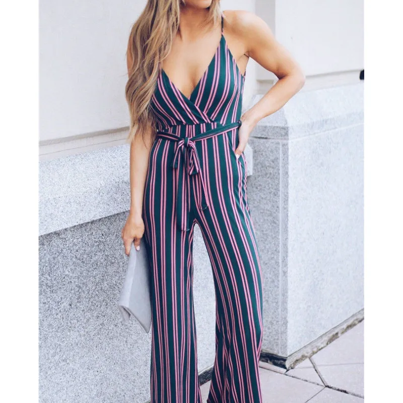 

striped jumpsuit women 2018 fashion deep V Neck Sleeveless Strap Bandage Rompers Women Long pant Bodycon Jumpsuit