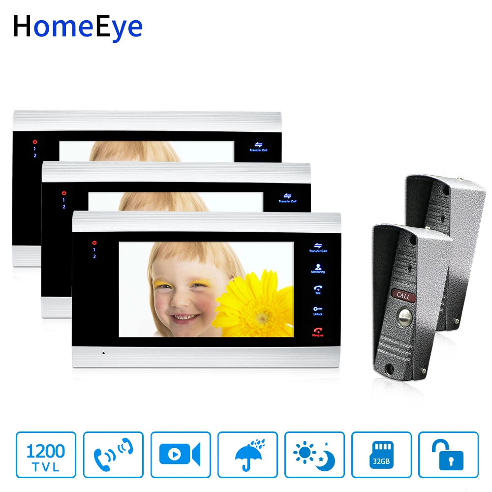 

HomeEye 7'' Video Door Phone Intercom Door Bell 2-3 Access Control System Motion Detection Multi-languages OSD Menu Video Record